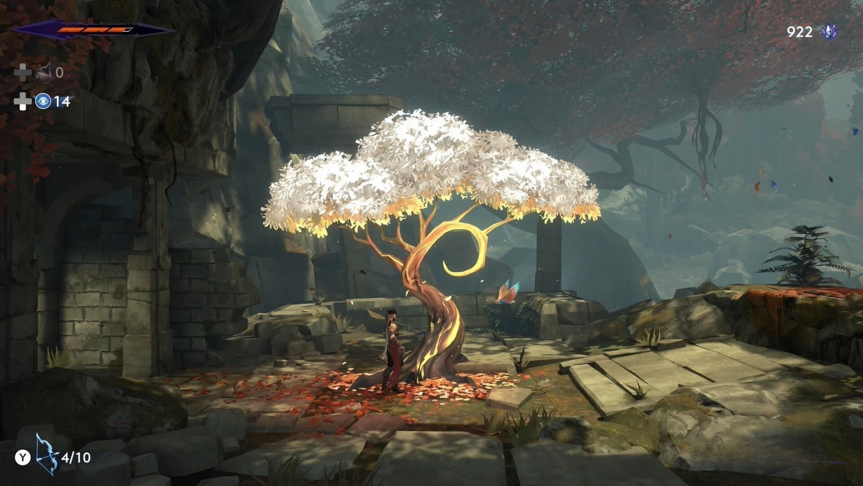 Gameplay image from Prince of Persia: The Lost Crown for Xbox, showing the player standing beneath a glowing mystical tree in a serene forest ruin. Unlock this epic journey with a game code from RushGame.co