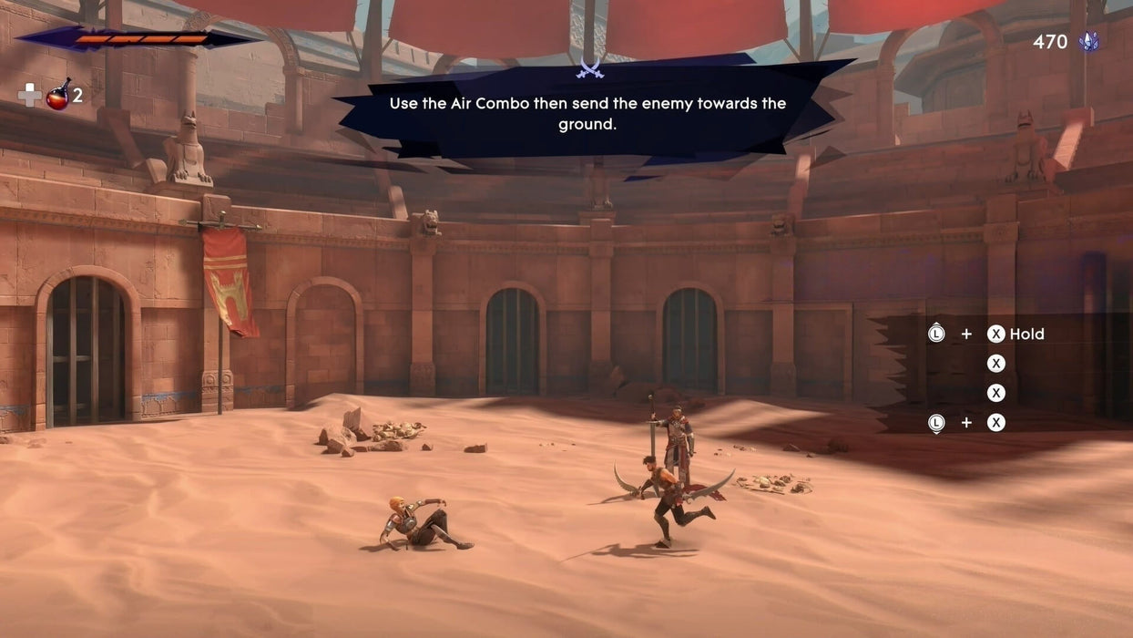 Arena battle scene from Prince of Persia: The Lost Crown on Xbox, where the hero confronts multiple foes in a sunlit desert coliseum. Purchase the digital code at RushGame.co and join the fight today