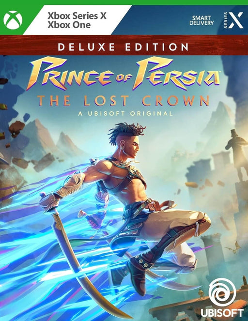 Cover art of Prince of Persia: The Lost Crown Deluxe Edition for Xbox One and Xbox Series X|S, showcasing the agile main character mid-air with glowing blue energy trails. Buy the Xbox game code now at RushGame.co for instant digital delivery
