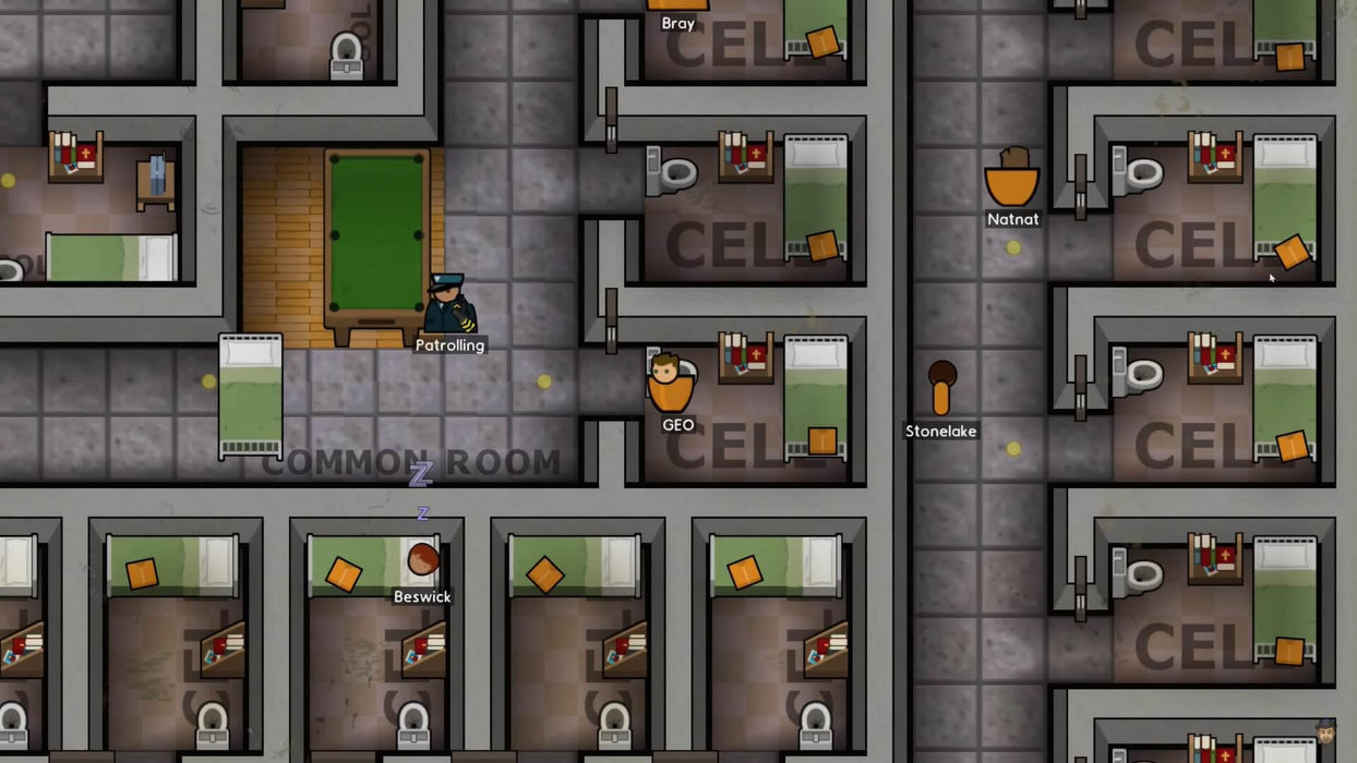  In-game screenshot from Prison Architect on Steam, showing a top-down view of prison cells, a patrolling guard, and sleeping inmates. Manage your own prison—get the digital PC key now at RushGame.co