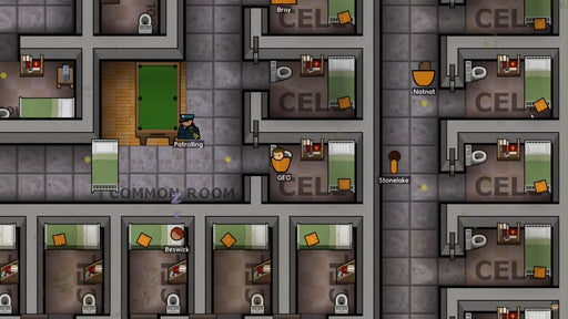  In-game screenshot from Prison Architect on Steam, showing a top-down view of prison cells, a patrolling guard, and sleeping inmates. Manage your own prison—get the digital PC key now at RushGame.co