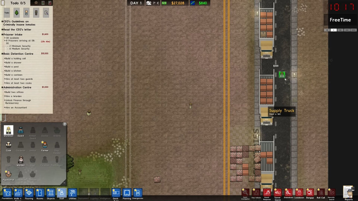 Gameplay image from Prison Architect for PC, displaying the prison construction interface with trucks delivering supplies and task lists visible. Start your prison design today with a Steam code from RushGame.co