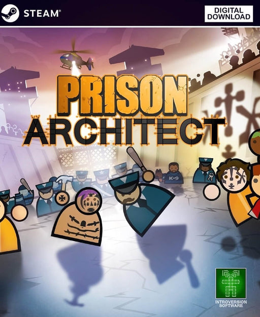 Cover art for Prison Architect on PC Steam, featuring a cartoon-style prison riot scene with guards, inmates, and a helicopter overhead. Buy your official Steam CD key now at RushGame.co and start building your prison empire