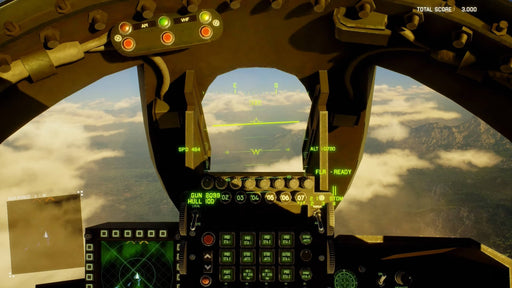 In-game cockpit view from Project Wingman on PC, displaying detailed flight instruments and a landscape below the clouds. Get your Steam key today at RushGame.co and experience immersive air combat simulation.