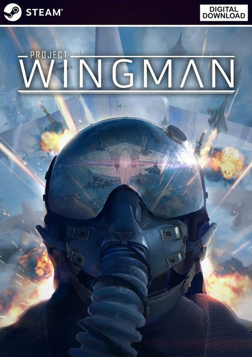 Cover art for Project Wingman on PC Steam, showing a fighter pilot in a reflective helmet during a high-intensity aerial battle. Purchase your official Steam CD key now at RushGame.co and dominate the skies