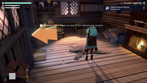 In-game screenshot from Project Winter showing a survivor inside a wooden cabin with a large yellow arrow and objective prompt. Get your Project Winter Steam game key at RushGame.co and experience intense co-op survival challenges