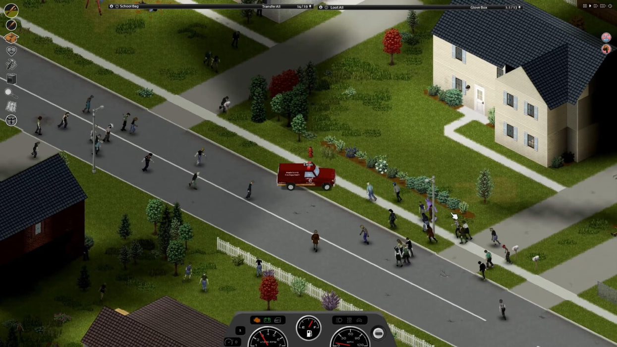 In-game image from Project Zomboid featuring a red van surrounded by a zombie horde on a suburban street, highlighting the threat-filled open world—available as a GOG digital code at RushGame.co