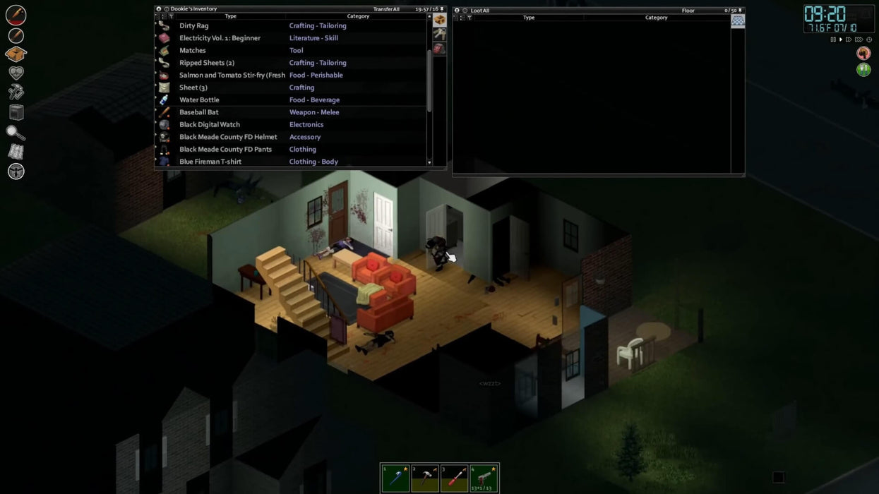 Interior gameplay scene from Project Zomboid for Steam with a character scavenging inside a dark house — secure your Project Zomboid PC Steam CD Key now at RushGame.co