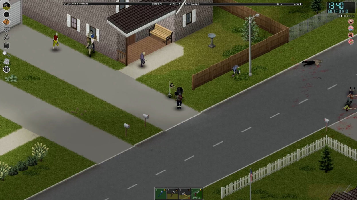 Gameplay view of a survivor walking past houses and zombies on a quiet suburban street in Project Zomboid — buy your Steam version CD Key from RushGame.co today