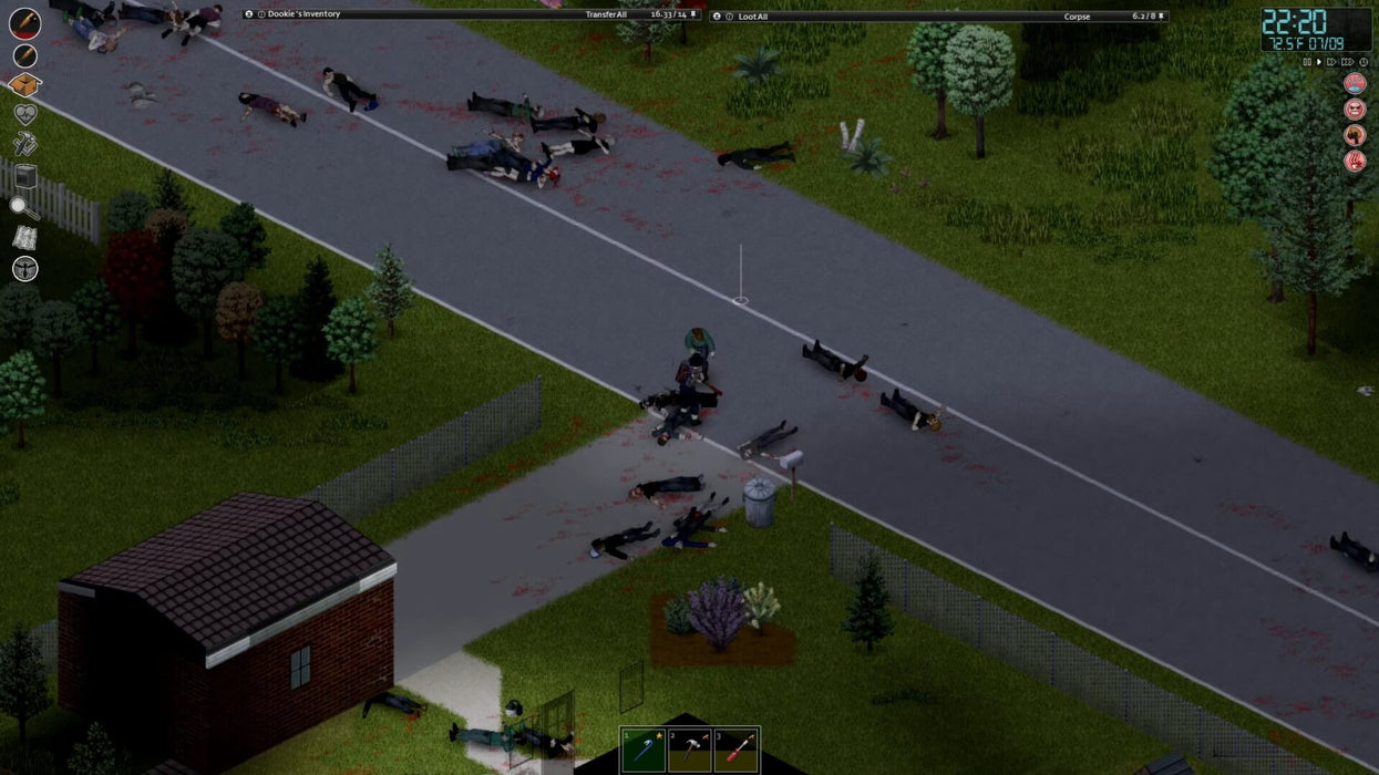 In-game screenshot from Project Zomboid on Steam showing a survivor looting bodies in a blood-stained suburban street — get your official PC Steam CD Key at RushGame.co