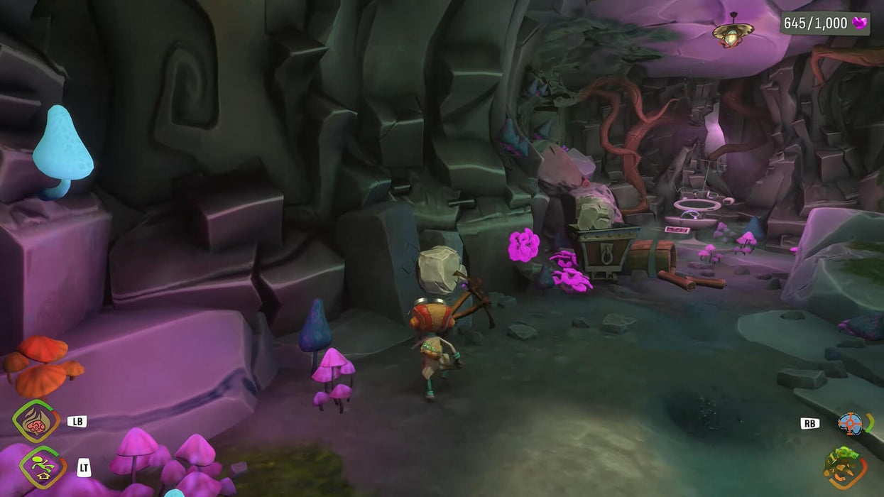 Colorful cave exploration scene in Psychonauts 2 on Xbox, featuring Raz collecting figments and navigating a psychedelic tunnel. Unlock the full game today with a key from RushGame.co