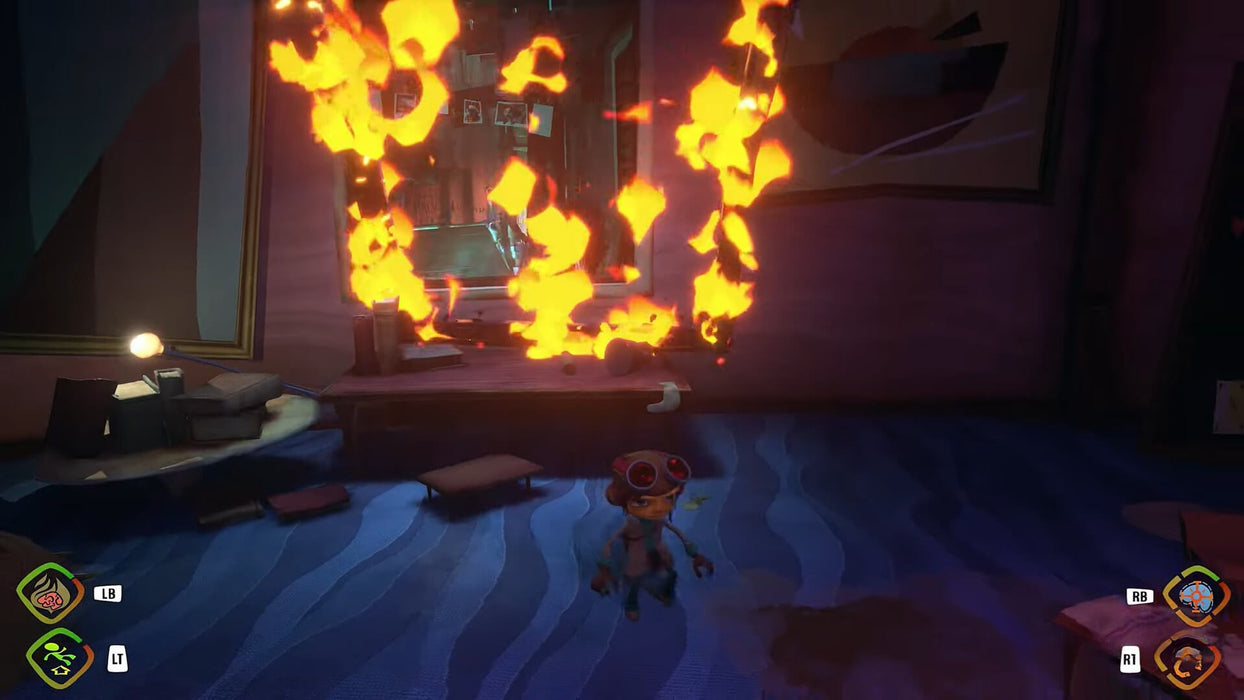 Gameplay moment from Psychonauts 2 where Raz stands in front of a fiery portal inside a surreal, mind-bending room. Purchase the Xbox One/Series X|S code at RushGame.co