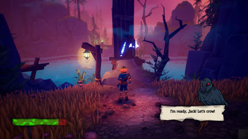 Pumpkin Jack gameplay image with the protagonist near a lake surrounded by lanterns and eerie forest scenery. Experience the Halloween-themed platformer by getting your CD key at RushGame.co