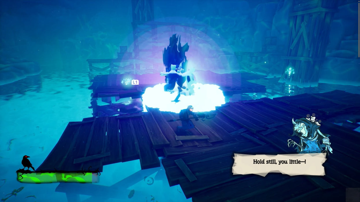 Action-packed scene from Pumpkin Jack where the player faces off against a magical enemy on a rickety wooden pier. Get your Steam game code instantly from RushGame.co and dive into the adventure