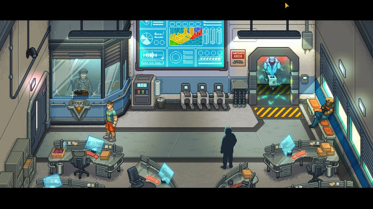 Gameplay scene from Punch Club 2: Fast Forward for PC Steam, showing the protagonist in a cyberpunk police station. Explore this story-rich simulator by purchasing your CD Key from RushGame.co today