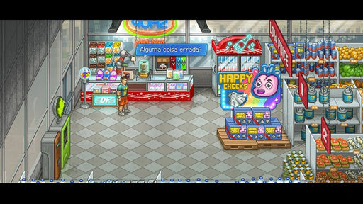 In-game screenshot from Punch Club 2: Fast Forward on PC Steam, featuring a futuristic supermarket scene with pixel art visuals. Get your Steam CD Key instantly at RushGame.co and dive into this retro-futuristic world