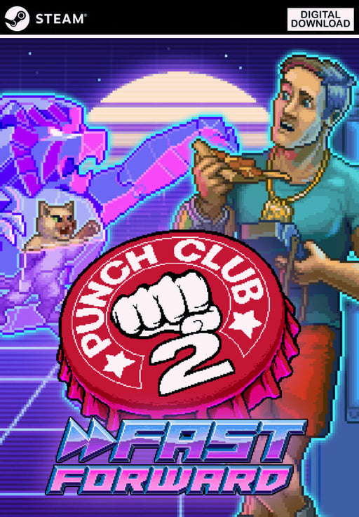 Cover art of Punch Club 2: Fast Forward for PC Steam, showcasing the game's pixel art style and neon-lit retro theme. Buy your digital game key now at RushGame.co and train your fighter for glory
