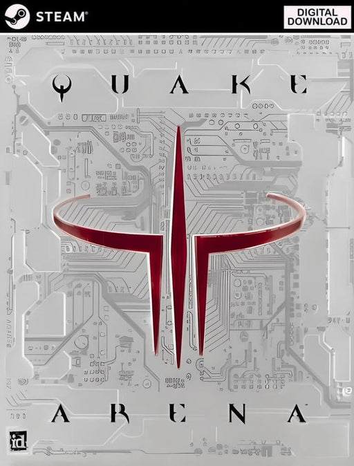 Quake III Arena PC Steam Key game cover showing iconic red logo on a futuristic silver circuit board background. Get your key now from RushGame.co