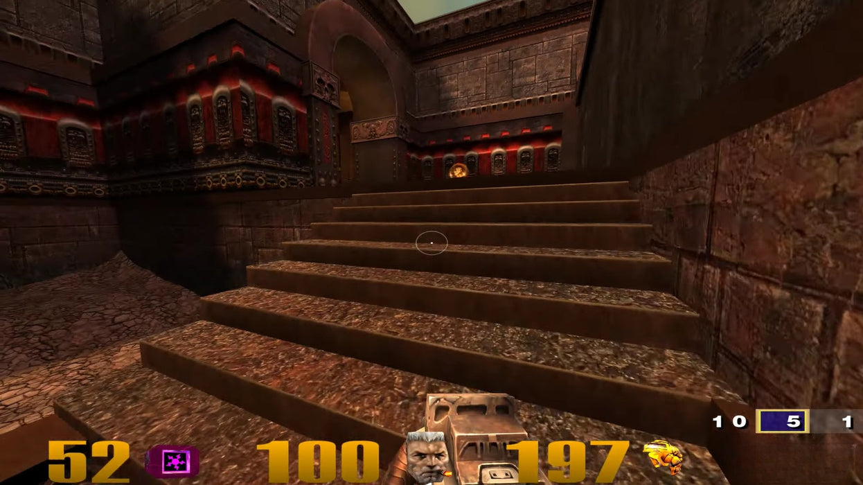Quake III: Gold gameplay image for PC, showing the player exploring a gothic-themed level with a powerful weapon equipped. Purchase the GOG digital version now at RushGame.co