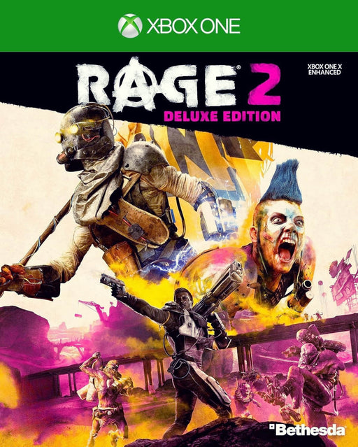 Official cover art for Rage 2: Deluxe Edition on Xbox One, featuring intense post-apocalyptic characters in a colorful explosion of chaos. Purchase your US digital CD key today at RushGame.co