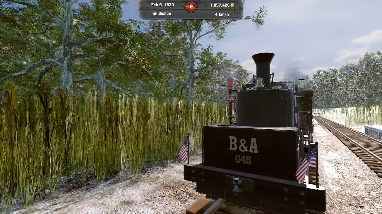 Back view of a B&A steam locomotive traveling through dense vegetation in Railway Empire 2 on PC. Purchase your digital Steam key at RushGame.co and manage routes across historical America