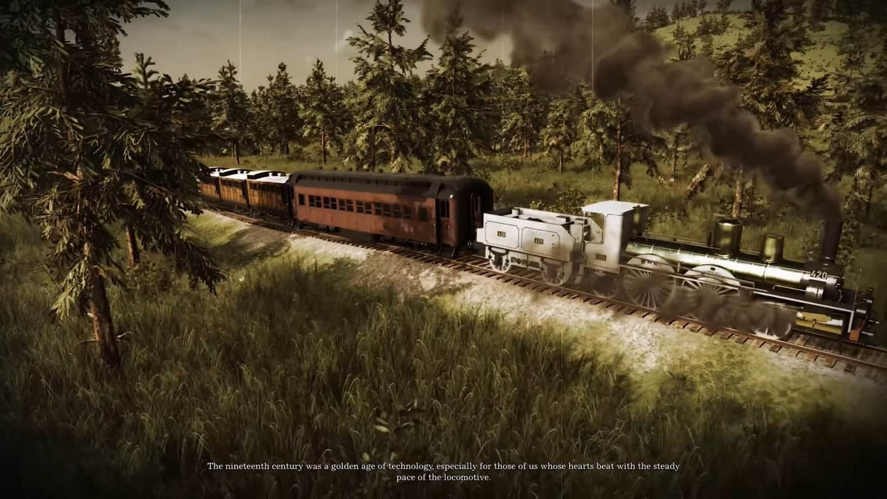 Cinematic view of a classic steam locomotive pulling passenger cars through a forest in Railway Empire 2 on PC. Buy your Steam key at RushGame.co and experience 19th-century rail transport in full detail