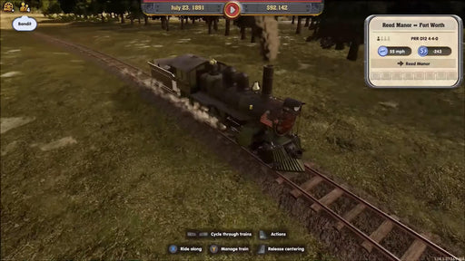Steam locomotive traveling through a forest route in Railway Empire – Complete Collection on PC. Purchase your Steam CD key at RushGame.co and build your railroad empire from the ground up