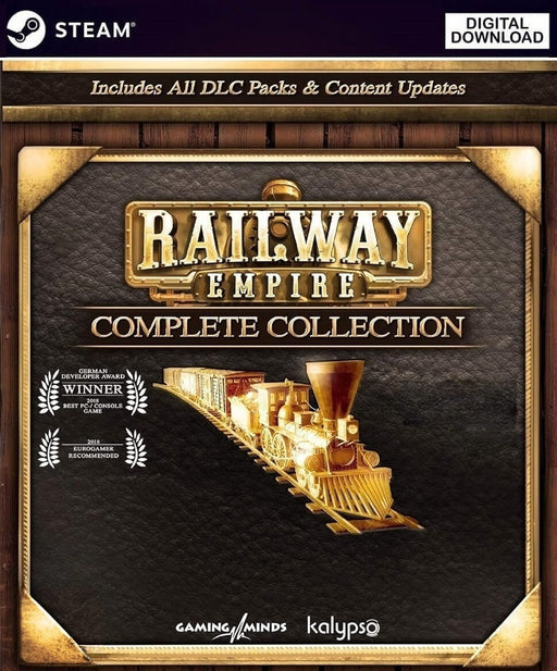Cover art for Railway Empire – Complete Collection on PC Steam, featuring a golden steam locomotive and premium leather-styled background. Buy your digital Steam key now at RushGame.co and manage your railway empire