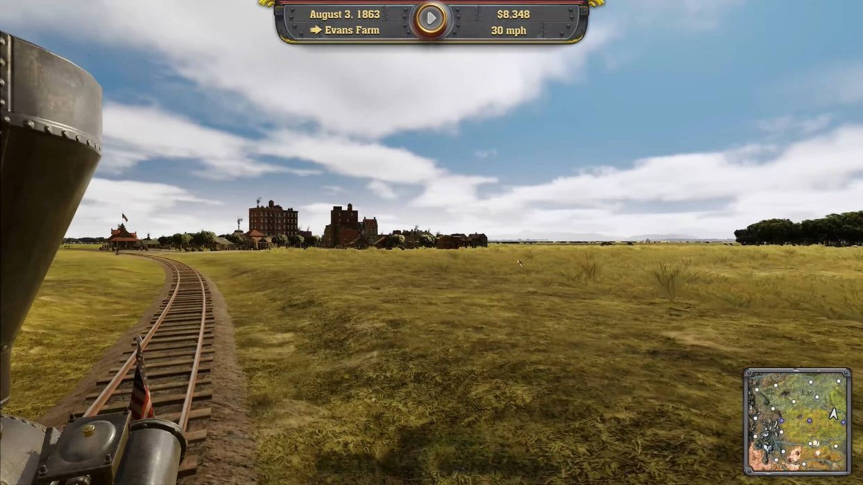 First-person train ride view in Railway Empire (PC Steam), with a scenic route heading toward a growing town — unlock immersive rail tycoon gameplay at RushGame.co