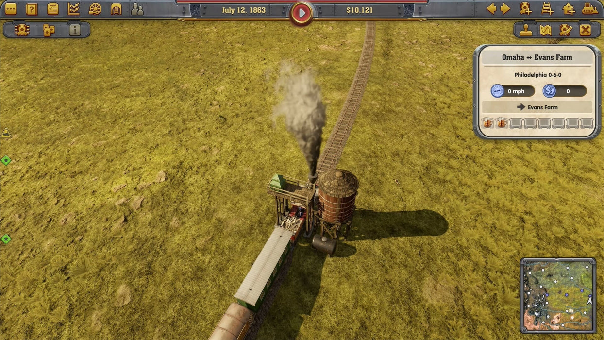 Gameplay image from Railway Empire on PC Steam displaying a train refueling at a water tower in 1863 — expand your railway empire with a digital key from RushGame.co