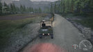 Gameplay screenshot from Ranch Simulator (PC Steam) showing a player driving a utility vehicle down a dirt road through the forest — build your dream ranch with a Steam key from RushGame.co
