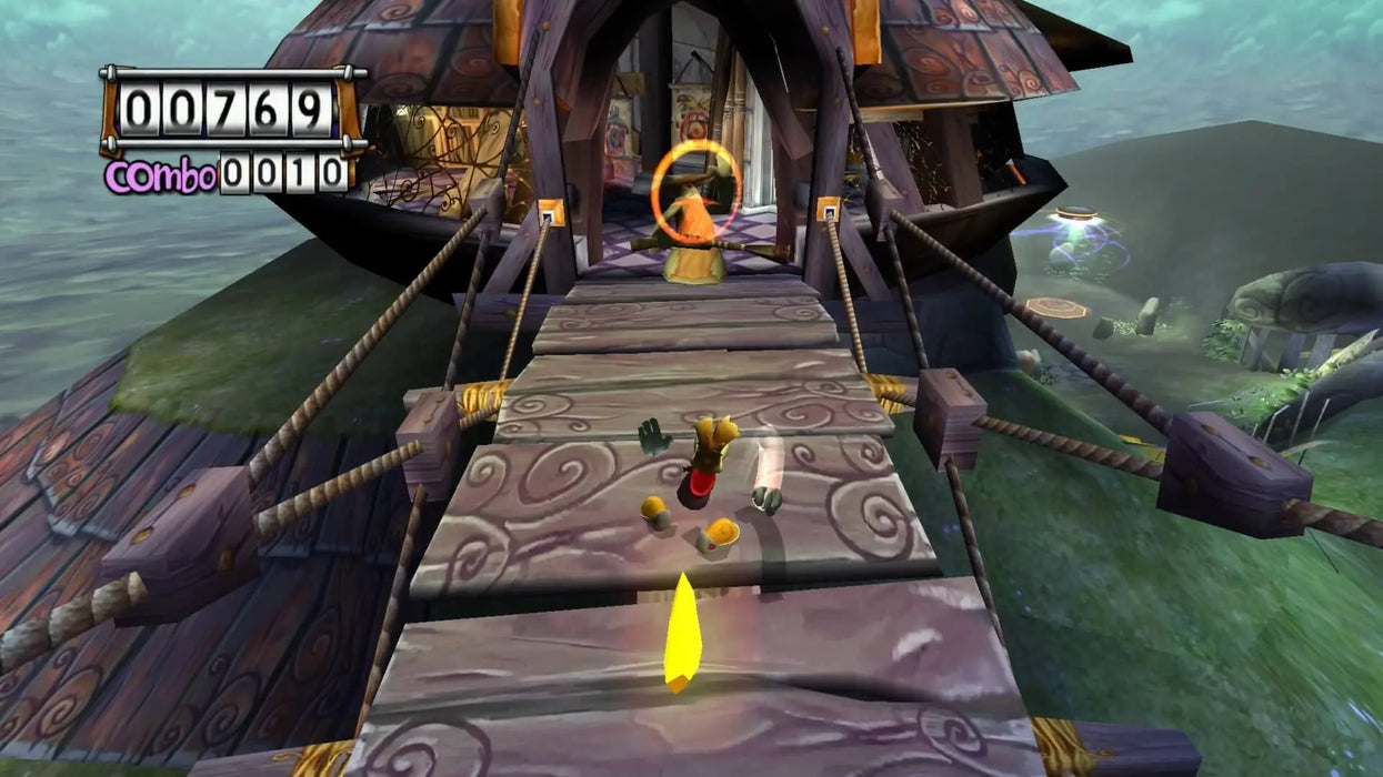 In-game screenshot from Rayman 3: Hoodlum Havoc on PC GOG, showing Rayman crossing a wooden bridge towards an enemy target. Explore vibrant levels with your Rayman 3 CD key from RushGame.co