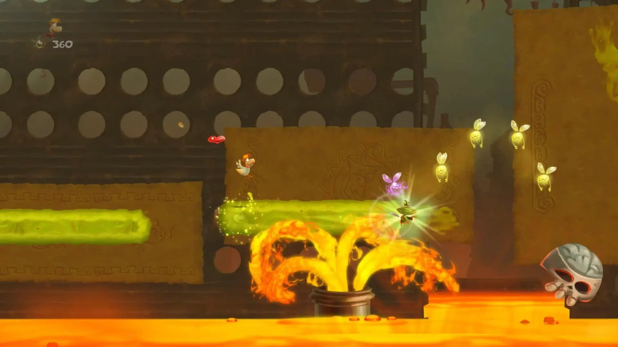 Rayman Legends Xbox One gameplay image featuring lava, glowing platforms, and collectible creatures. Purchase your Xbox One digital code for Rayman Legends at RushGame.co and master every challenge