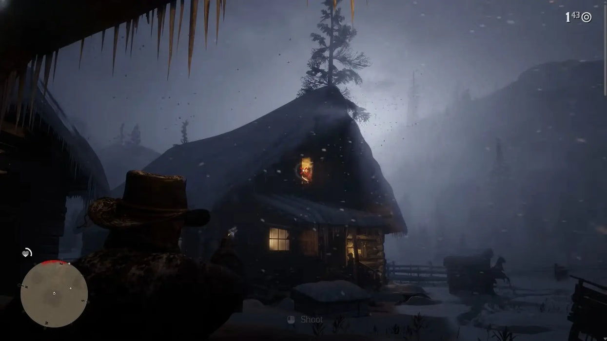 Gameplay image from Red Dead Redemption 2 on PC showing a shootout at night outside a snow-covered cabin. Experience cinematic action—get your Rockstar Social Club CD Key at RushGame.co today