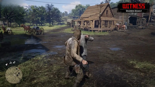 Gameplay screenshot from Red Dead Redemption 2 on PC, showing a fistfight in a muddy frontier town. Buy your Rockstar Social Club game key at RushGame.co and live the life of an outlaw in the Wild West