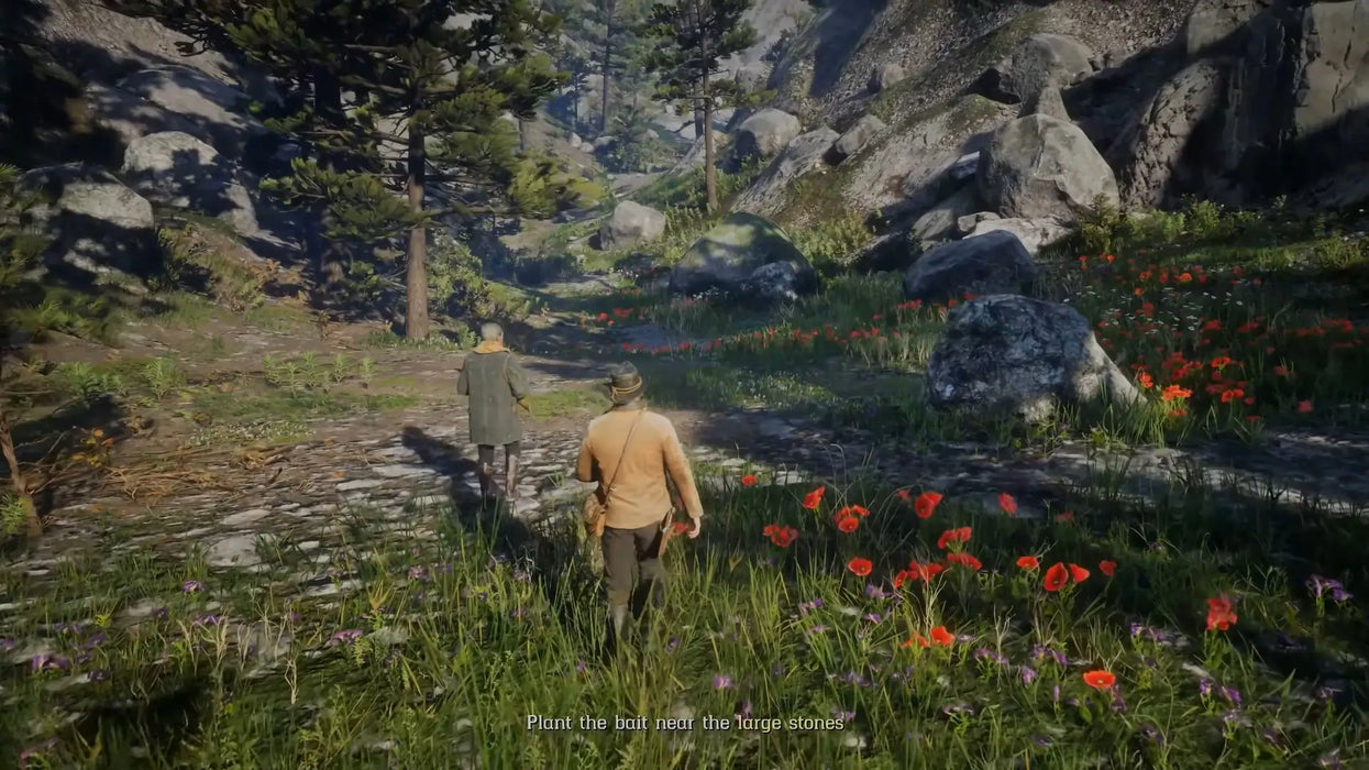 Arthur Morgan walking through a lush mountain trail filled with vibrant wildflowers in Red Dead Redemption 2 Special Edition. Explore the wild frontier—available now as a Rockstar Social Club CD Key at RushGame.co