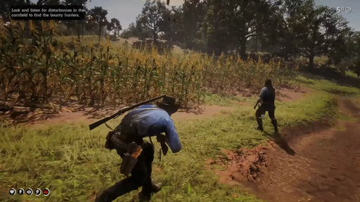 In-game screenshot from Red Dead Redemption 2 Special Edition showing Arthur Morgan stealthily approaching a cornfield, part of a tense bounty hunter mission. Get your Rockstar Social Club CD Key instantly at RushGame.co