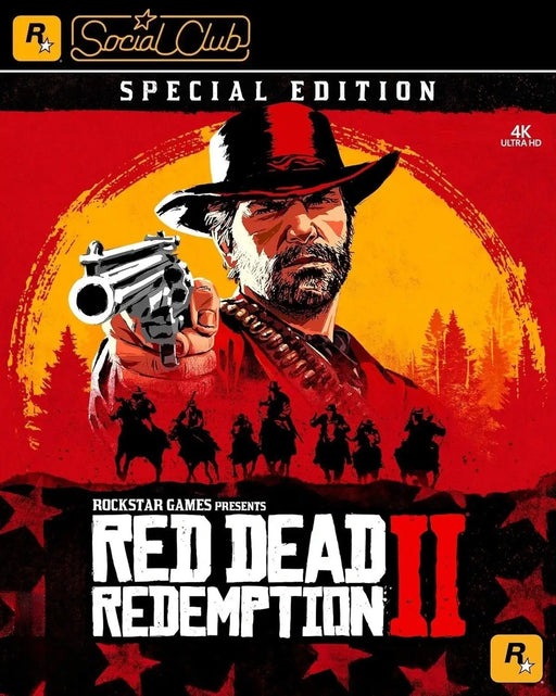 Cover art for Red Dead Redemption 2 Special Edition on PC (Rockstar Social Club), featuring the iconic gunslinger Arthur Morgan in bold red and yellow western artwork. Buy this digital game key now at RushGame.co for an unforgettable open-world adventure
