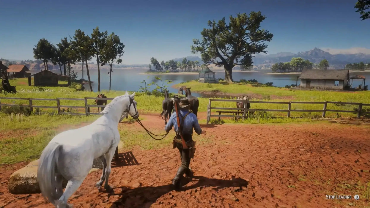In-game image of Arthur Morgan guiding a white horse across a vibrant ranch landscape in Red Dead Redemption 2 Ultimate Edition. Secure your Rockstar Social Club CD Key from RushGame.co and enjoy bonus horses, outfits, and gameplay boosts
