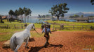 In-game image of Arthur Morgan guiding a white horse across a vibrant ranch landscape in Red Dead Redemption 2 Ultimate Edition. Secure your Rockstar Social Club CD Key from RushGame.co and enjoy bonus horses, outfits, and gameplay boosts