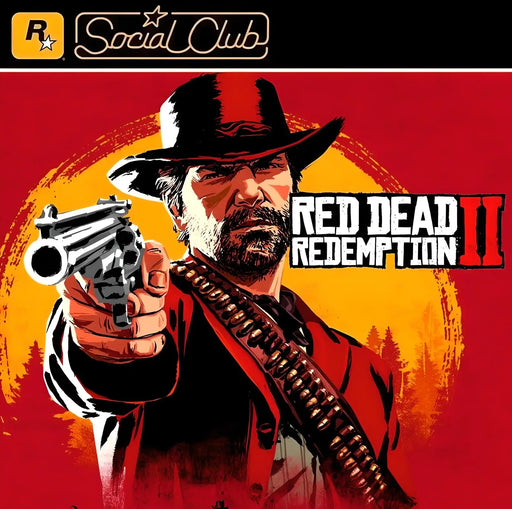 Cover art for Red Dead Redemption 2 Rockstar Social CD Key US, featuring protagonist Arthur Morgan aiming a revolver against a bold red and yellow background. Buy the game key now at RushGame.co