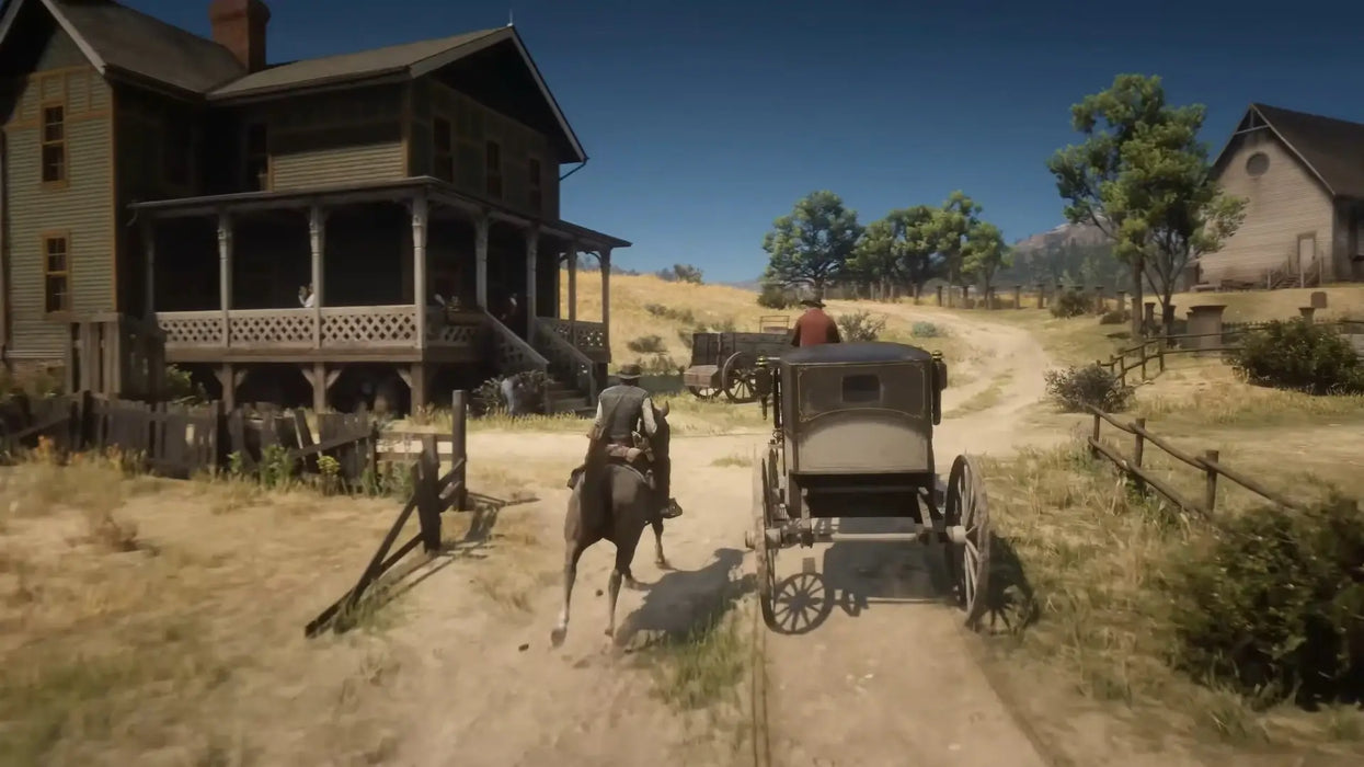 In-game screenshot from Red Dead Redemption 2 on Xbox One showing a horse rider and carriage arriving at a rustic farmhouse in the countryside. Explore the wild frontier with this Xbox digital game code from RushGame.co.