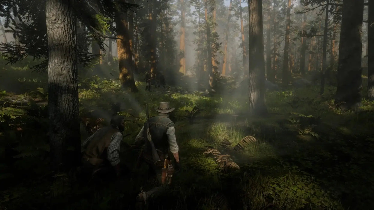 Forest scene from Red Dead Redemption 2 for Xbox One where characters are tracking or hiding among the trees in early morning light. Start your story-driven journey now with a game key from RushGame.co