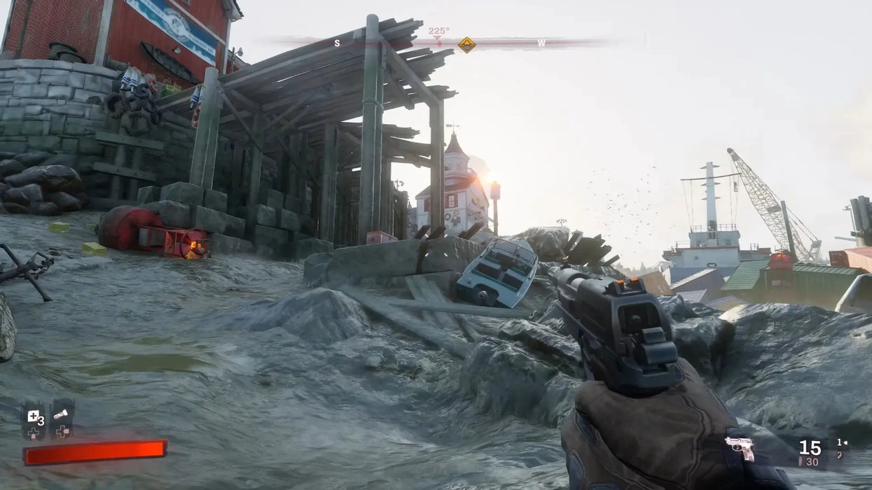 In-game scene from Redfall on PC showing the player exploring a rocky coastal dock area at sunrise with a pistol drawn. Get your digital download Steam key from RushGame.co and uncover the secrets of Redfall