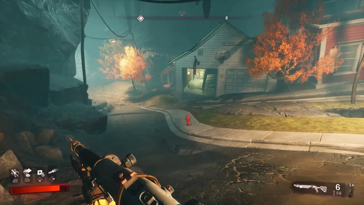 Redfall gameplay on PC featuring a player approaching a suburban house surrounded by eerie autumn scenery and glowing lights. Purchase your Steam CD key from RushGame.co to enter this atmospheric co-op shooter