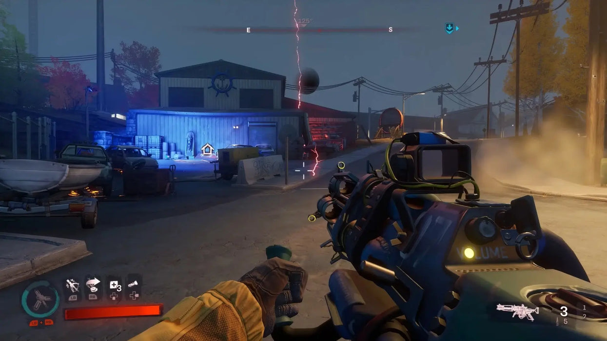 First-person gameplay screenshot from Redfall on PC showing a high-tech weapon aimed at a lightning-charged warehouse. Secure your Redfall Steam CD key at RushGame.co and experience thrilling vampire combat