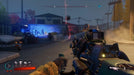 First-person gameplay screenshot from Redfall on PC showing a high-tech weapon aimed at a lightning-charged warehouse. Secure your Redfall Steam CD key at RushGame.co and experience thrilling vampire combat