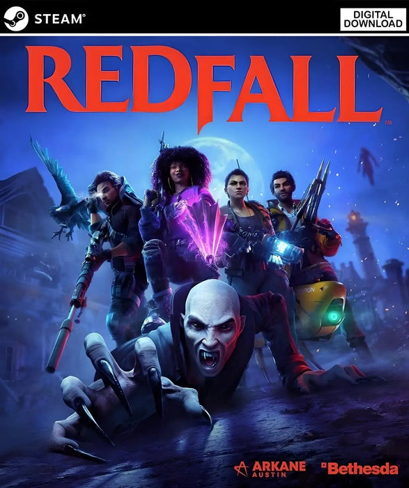 cover art for Redfall on PC Steam, featuring a team of vampire hunters and a menacing vampire in the foreground. Buy your digital Redfall Steam key now at RushGame.co and join the fight against the undead