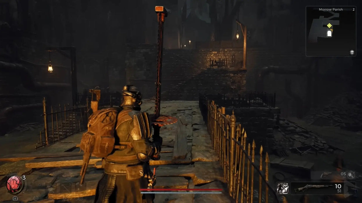 In-game scene from Remnant II on PC where the player crosses a dark, gothic bridge in a lantern-lit area. Unlock intense co-op action today with a digital Steam CD key from RushGame.co