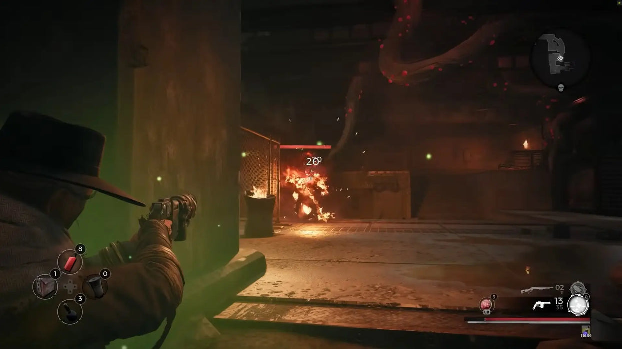Gameplay image from Remnant: From the Ashes on PC, showing a player aiming at a burning enemy inside an industrial area. Purchase your Complete Edition Steam key now at RushGame.co for intense third-person shooter action